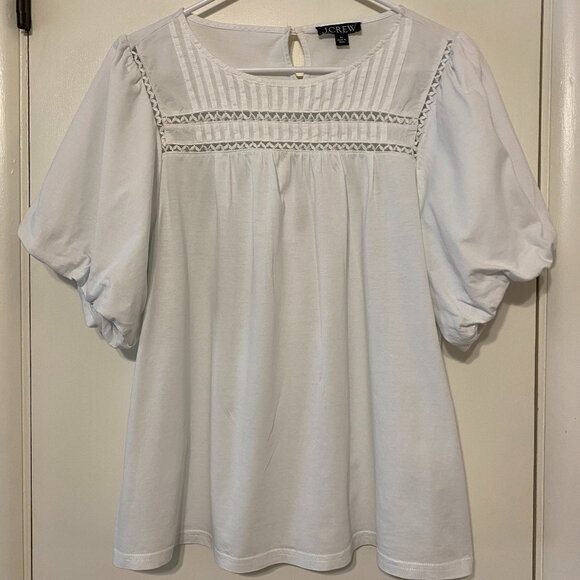 J. Crew #BP030 Women's S/S White Lace-Trim Puff-Sleeve Tee Shirt Top Blouse XL - Picture 1 of 11